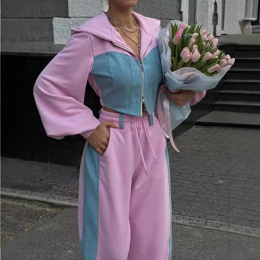 Casual Patchwork Denim 2 Piece Sets Women Outfit Slim Hoodies Crop Top Wide Leg Sweatpants Suit Streetwear Fashion Tracksuits