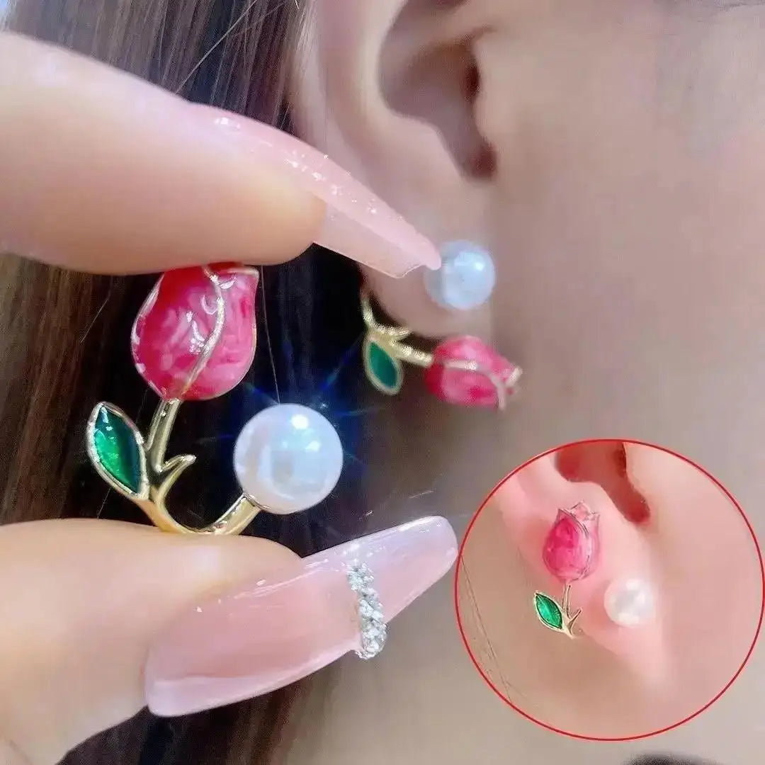 925 Silver Needle Korean Vintage Oil Painting Pearl Flower Earrings For Women Jewelry 2024 Trending New Luxury Women's Earrings