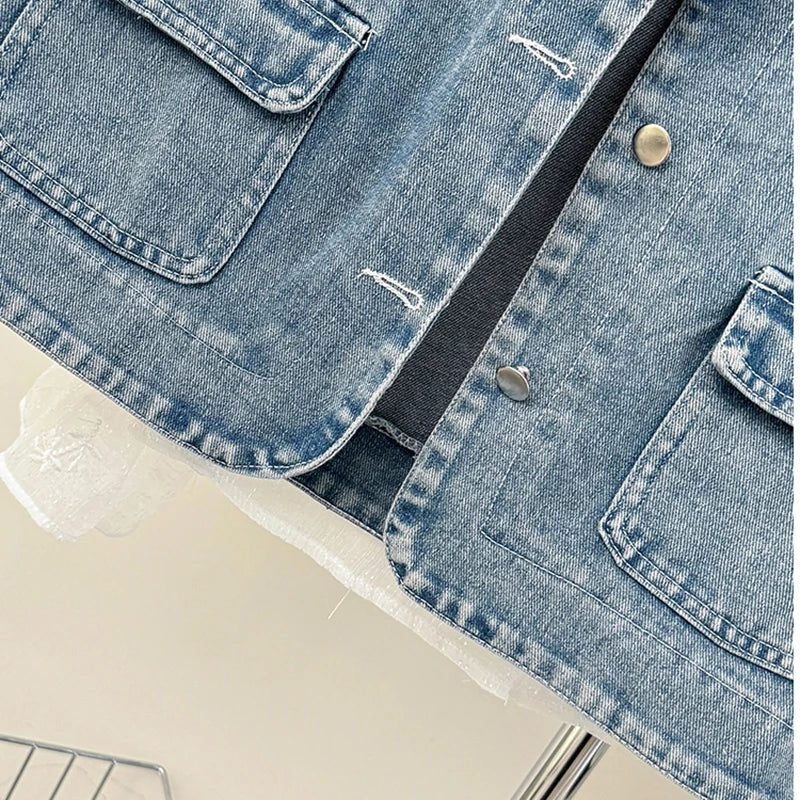 Spring Autumn V-neck Denim Vest Coat Women Korean Style School Ladies Petite Girls Cute Cover-Up Tank Top Jacket