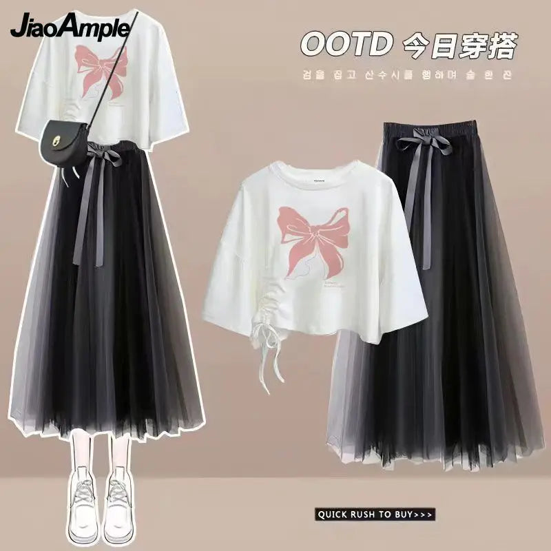 2024 Summer New Korean Elegant Cute Short Sleeved T-shirt+Mesh Midi Skirt Two Piece Suit Women's Loose Top Dress Matching Set