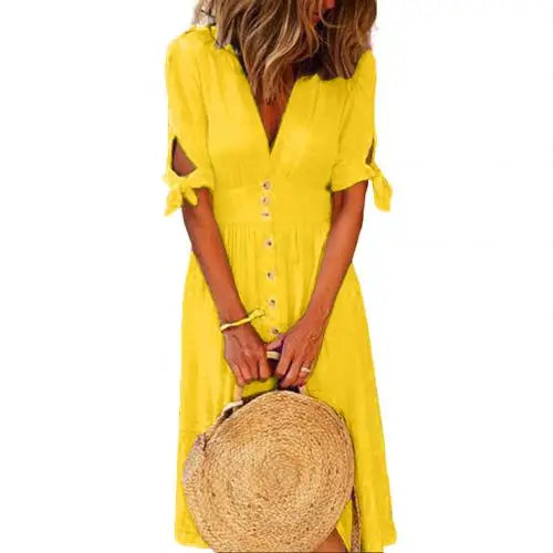 Yellow Dresses Women Fashion Solid Color Deep V Neck Tied Half Sleeve Button Party Long Dress Women's Clothing Dress платье