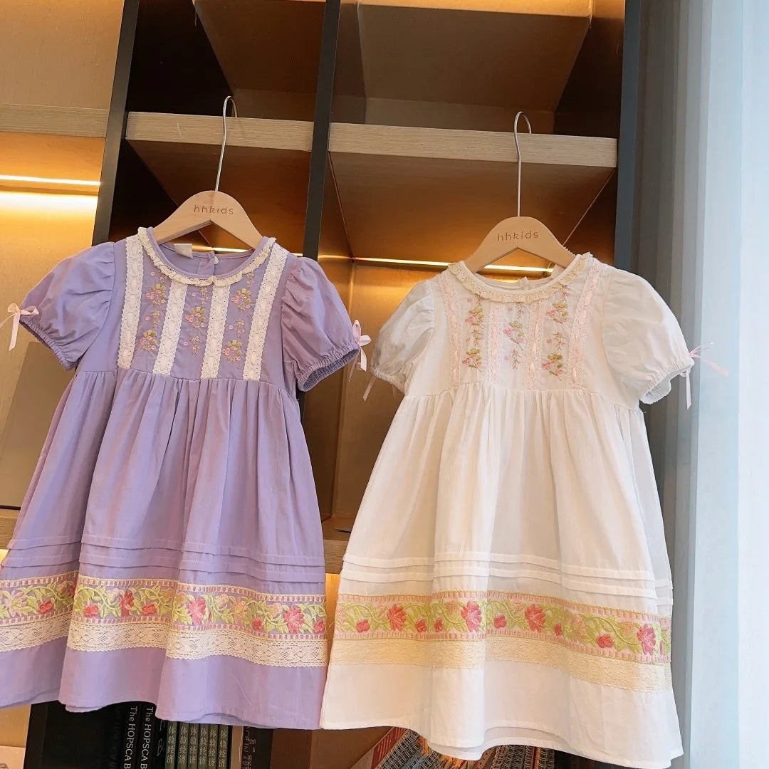 Girls Casual Dresses French Round Collar Pleated