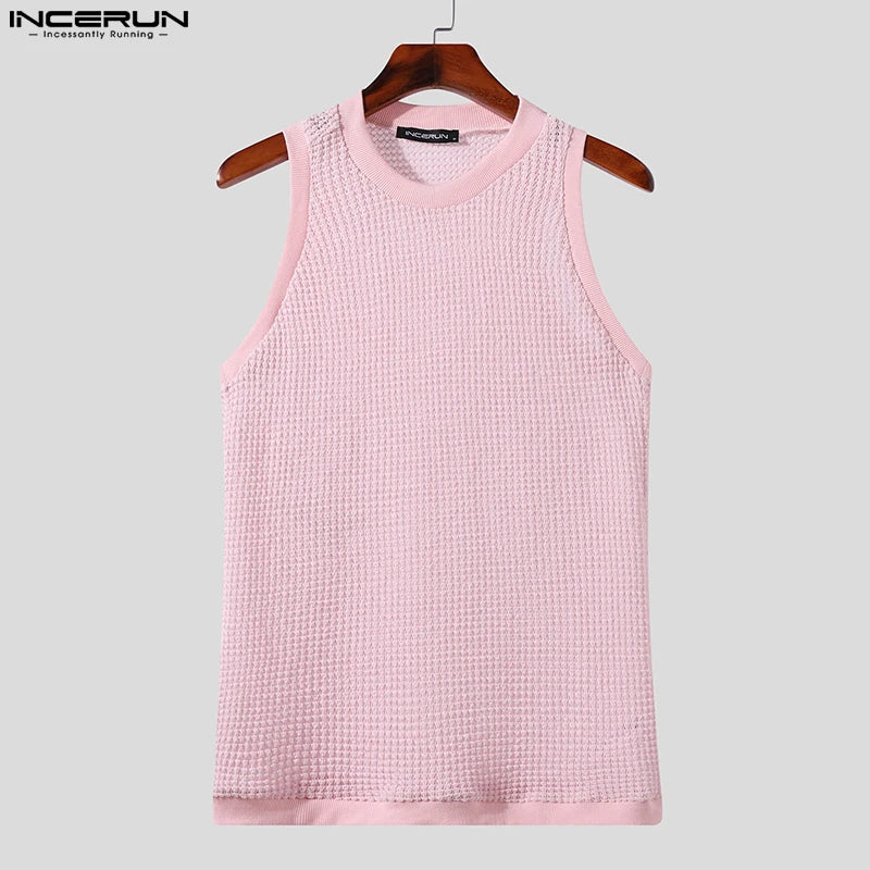INCERUN Men Tank Tops Mesh Hollow Out See Through Solid Vests Summer Streetwear 2024 Fitness Fashion Casual Men Clothing S-5XL