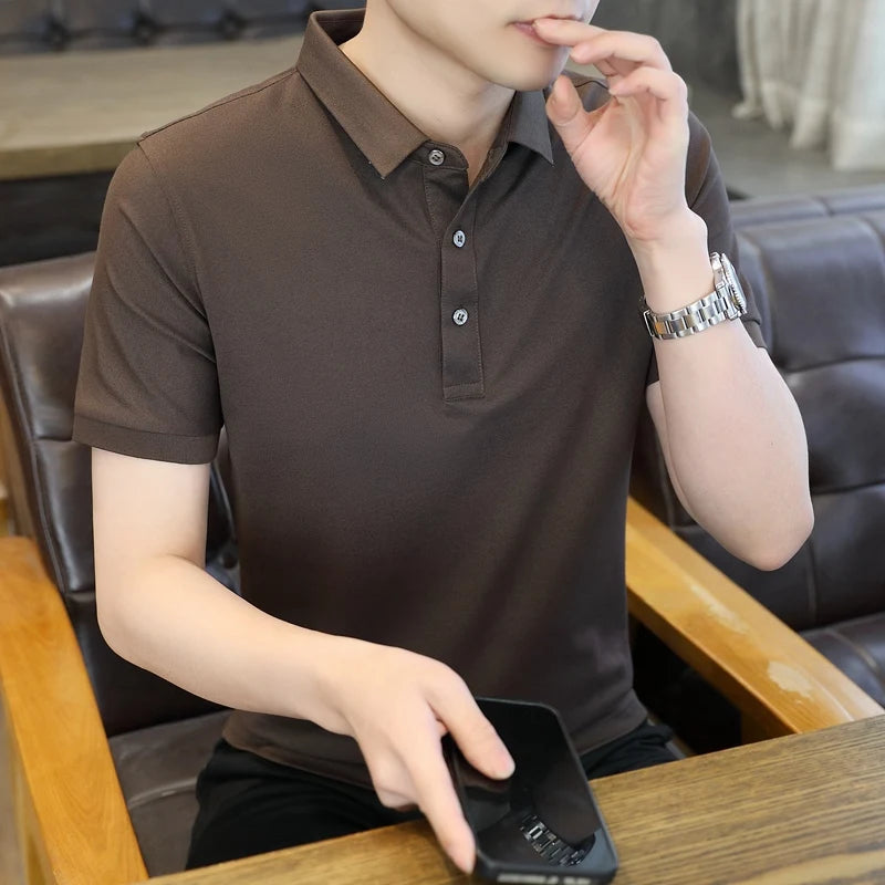 Summer Short Sleeve Men's Solid Button Pullover Turn-down Collar Vacation T-shirt Casual Formal Undershirt Preppy Style Tops