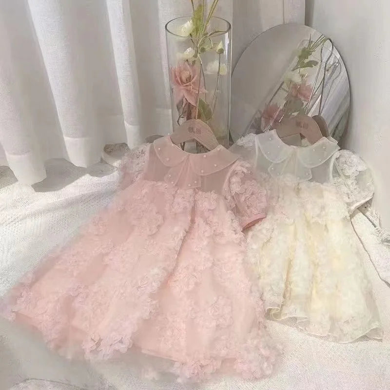 Baby kids Girls 3D Flowers Dress Summer Beaded Collar  2-8 Y