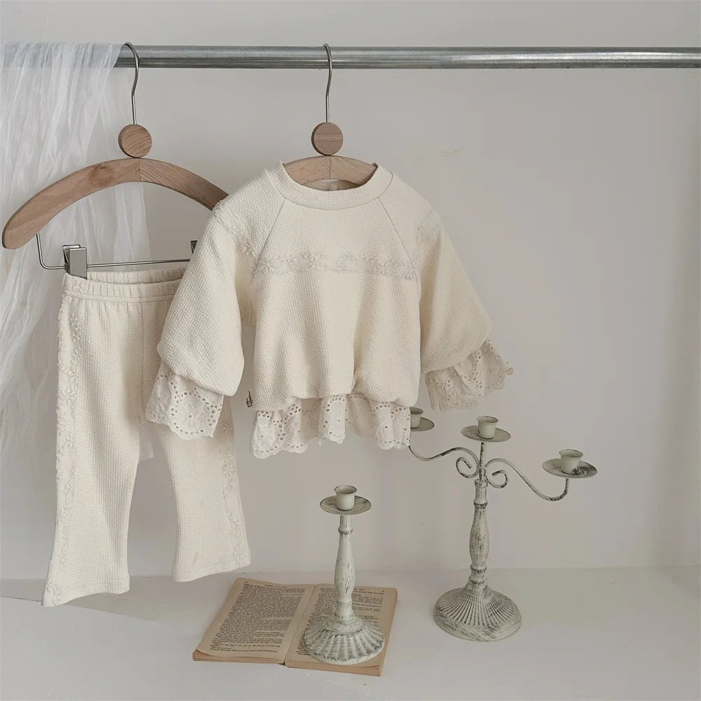 2025 Autumn New Baby Girl Long Sleeve Clothes Set Children Solid Lace Sweatshirt + Pants 2pcs Suit Cotton Toddler Girl Outfits