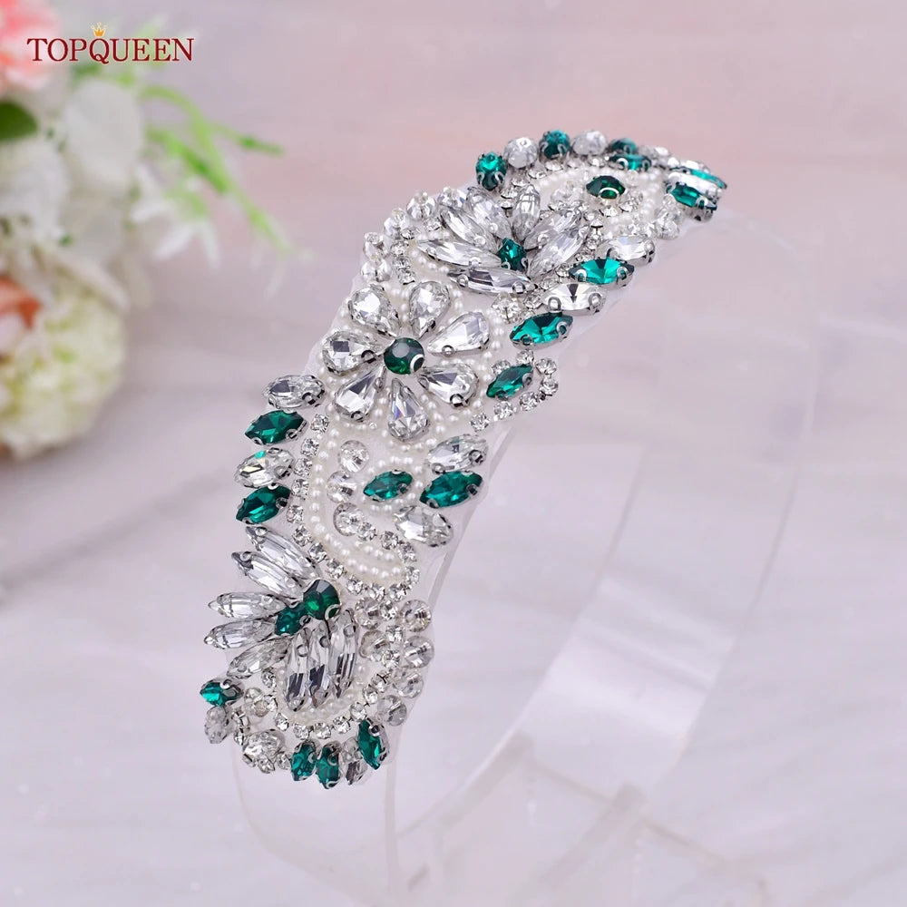 TOPQUEEN S22 Bride Rhinestone Belt Shiny Wedding Accessories Party Woman Emerald Belts Jewelry Wedding Dress Decoration Sash