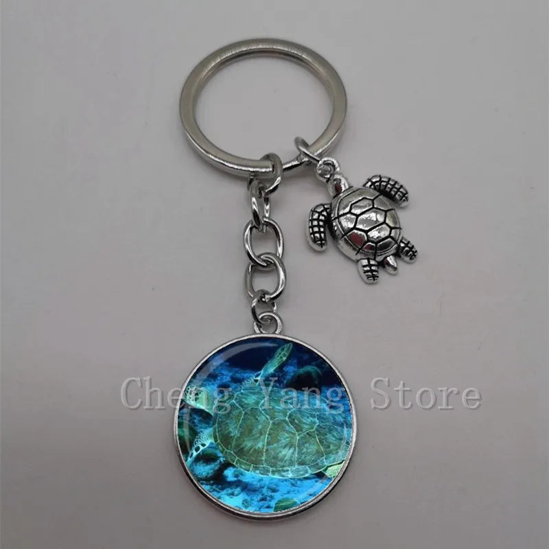 Marine life jewelry turtle dolphin shell keychain key ring glass convex round keychain charm turtle pendant Christmas gift