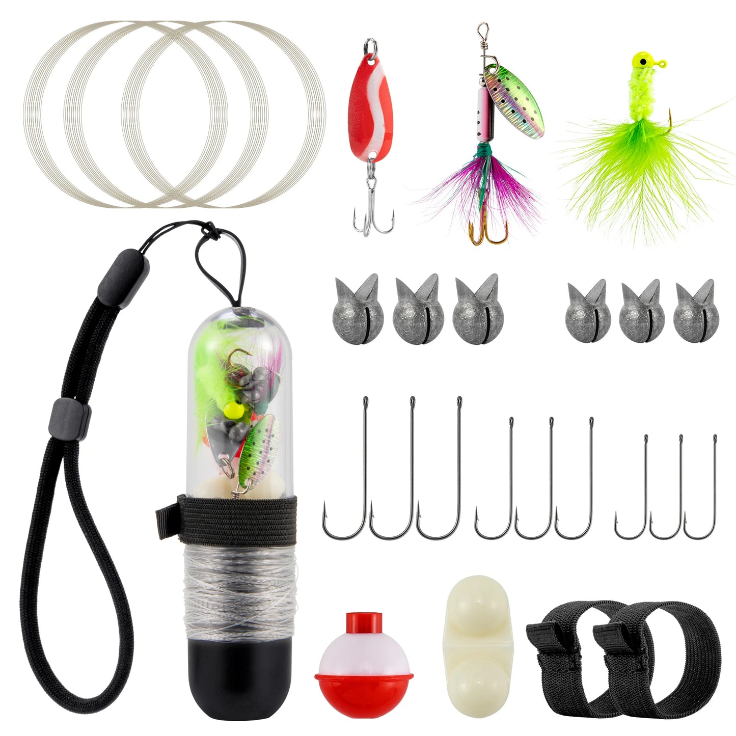 25 stücke Überleben Angeln Kit Tasche Reel Linie Jig Kopf Haken Löffel Spinner Köder Wandern Camping Angeln Werkzeug Bass Crappies Forelle