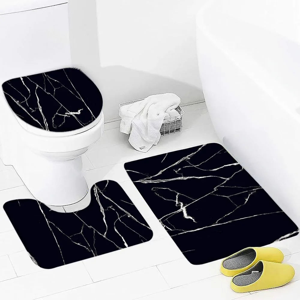 Black Marble Shower Curtain Set White Lines Cracked Pattern Modern Geometric Bathroom Decor Non-slip Rug Bath Mats Toilet Cover home improvement