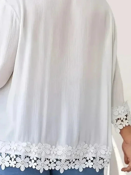 Plus Size 1XL-5XL Women's Casual Solid Color Shirt Ladies Fashion Lace Trim Spring Summer Casual Blouse Top