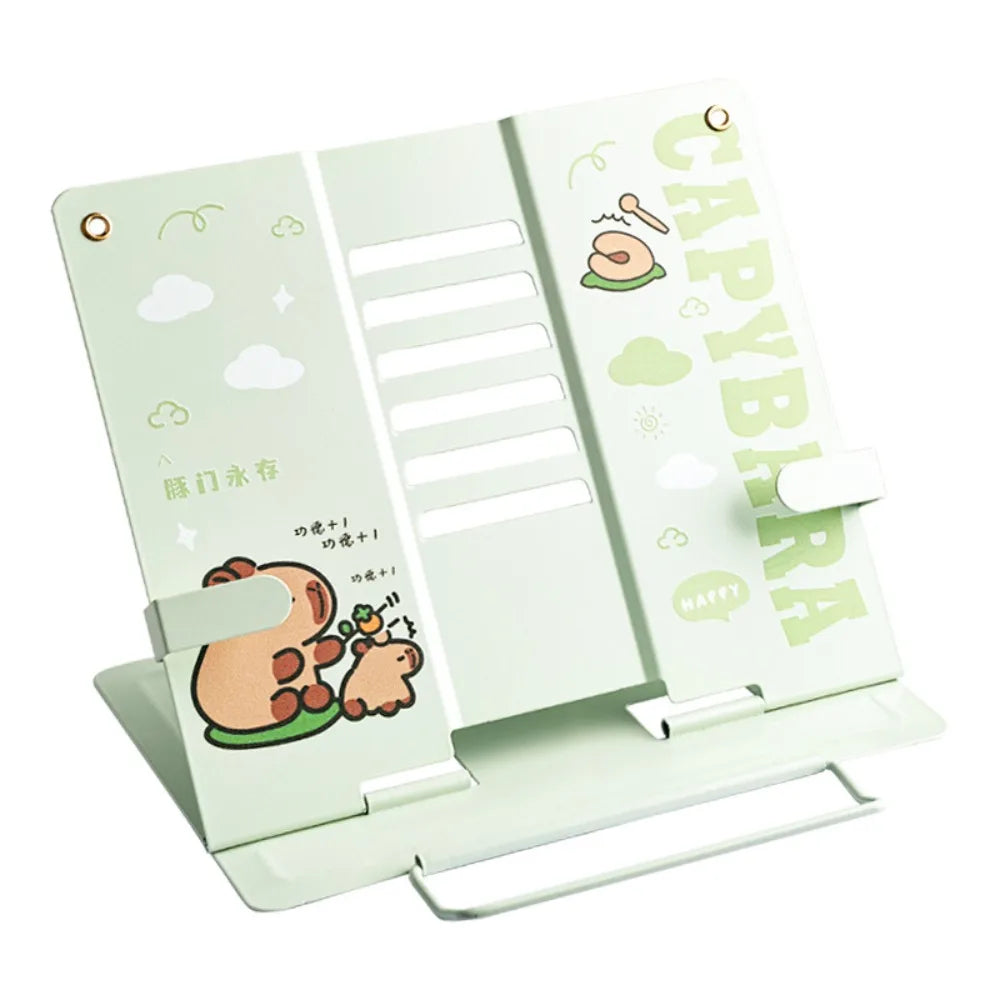 Foldable Metal Book Reading Stand Multi Heights Angles Cartoon Capybara Adjustable Documents Holder Page Paper Clips Cute