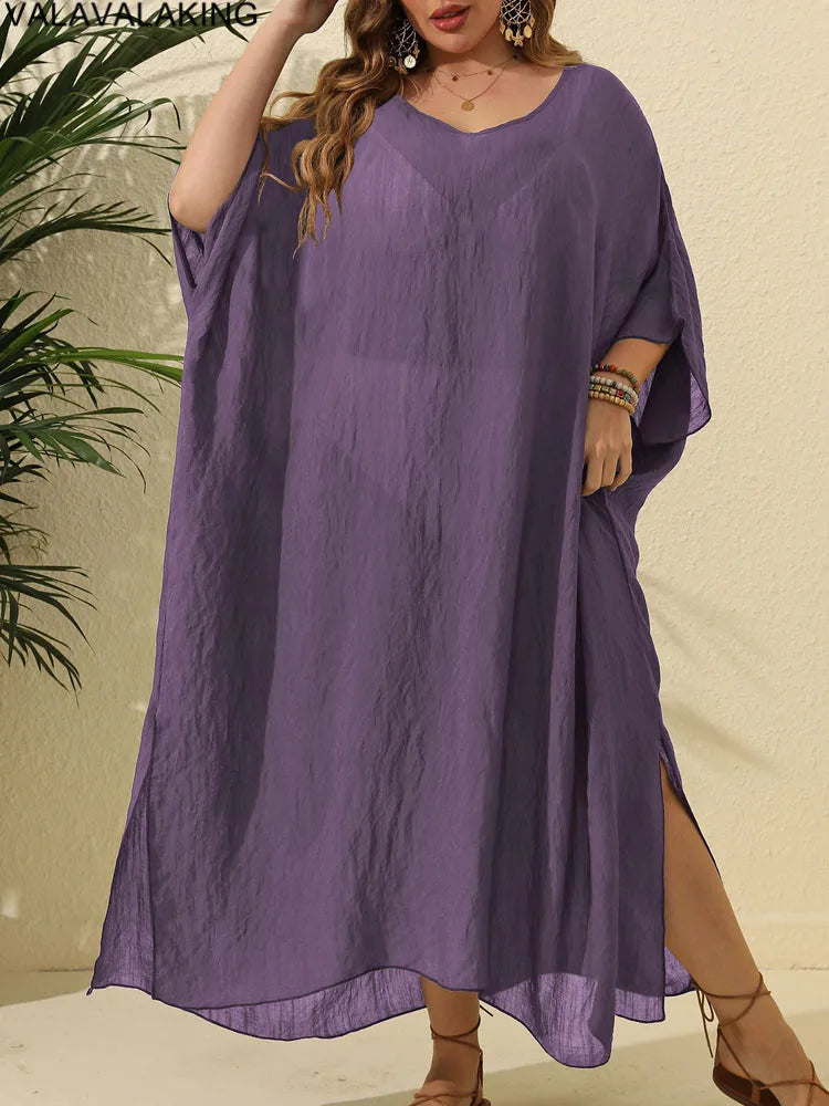 2025 Women Short Sleeve Plus Size Cove Up Solid Large Big Tunic Lady Chubby Beach Long Dress Brazilian Curvy Swimsuit Cover-Ups
