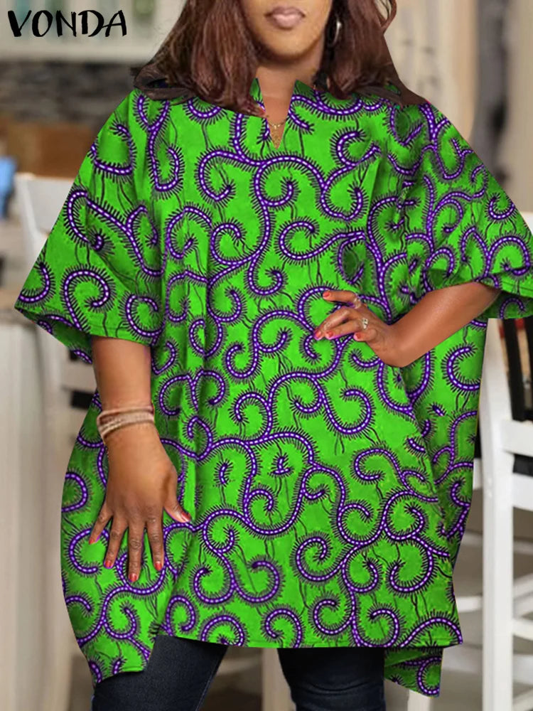 Plus Size 5XL VONDA Women Elegant Blouse 2024 Half Sleeve Printed Shirts Bohemian V Neck Tops Fashion Casual Loose Blusas