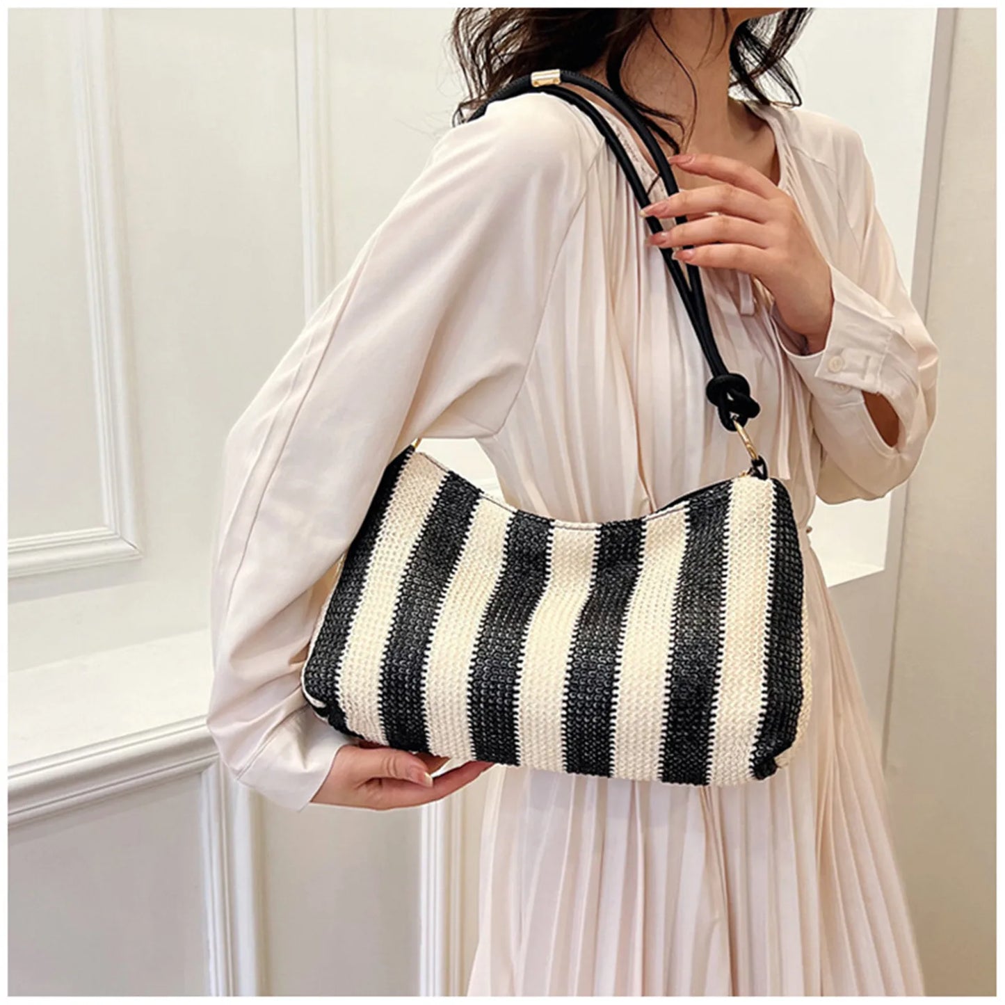 Straw Bags For Women Summer Fashion Striped Shoulder Bag Trendy Straw Purses And Handbags Ladies Beach Holiday Shopping Bags