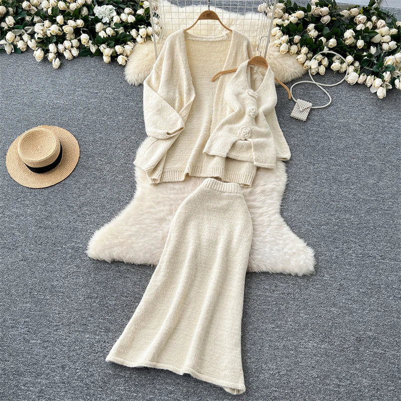 Damen Rosa 3-teiliges Set Vintage Langarmpullover A-Linie Lange Röcke Vintage Y2k Rock Sets Outfits Elegante 2000er Jahre Kleidung 2024 
