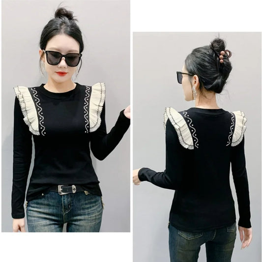 2025 New European Clothes Women Cotton T-shirt Chic O-Neck Patchwork Ruffles Diamonds Beading Tops Spring Long Sleeve Tees