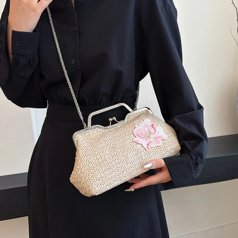 Straw weaving women purse,fashion Embroidered flower handbag for women,lady Beach holiday shoulder crossbody bag,messenger bag