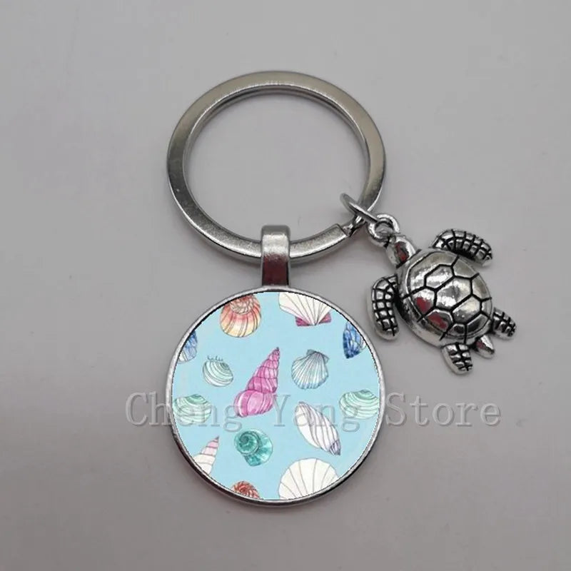 Marine life jewelry turtle dolphin shell keychain key ring glass convex round keychain charm turtle pendant Christmas gift