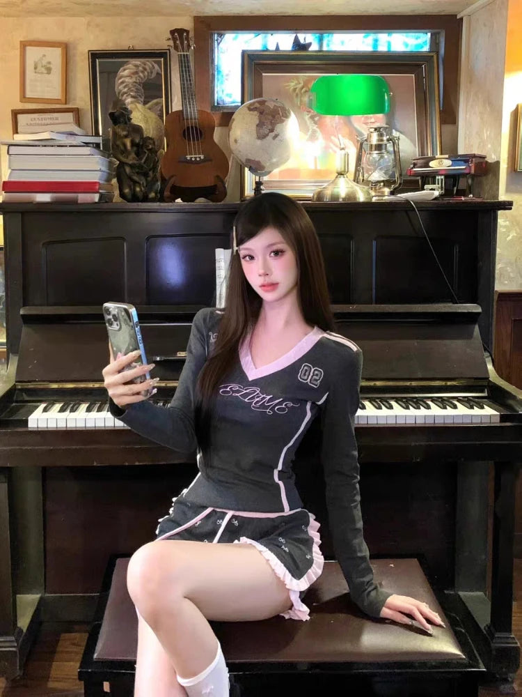 Vintage Suits Women Casual Y2k Long Sleeve T-shirts + Short Pants 2 Piece Sets Outwear Retro Chic