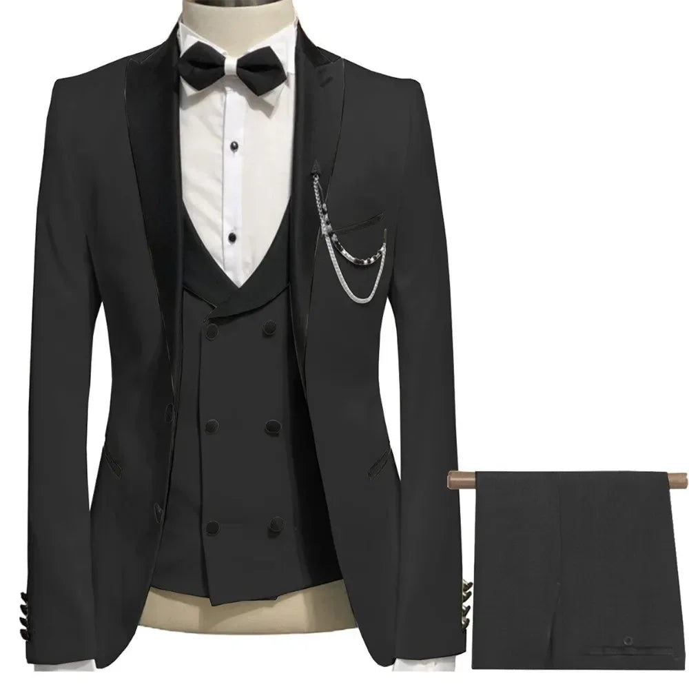 Suits For Men Steampunk Black Three Piece Formal Occasion Regular Length Costume Blazer Jacket Pants Vest Elegant Slim Fit 2023