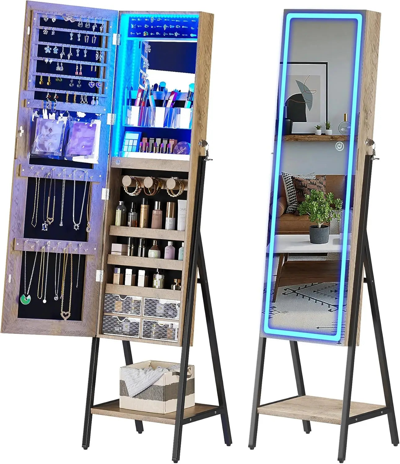 RGB LED Full Length Mirror with Storage for Jewelry, Lockable. home improvement decoration