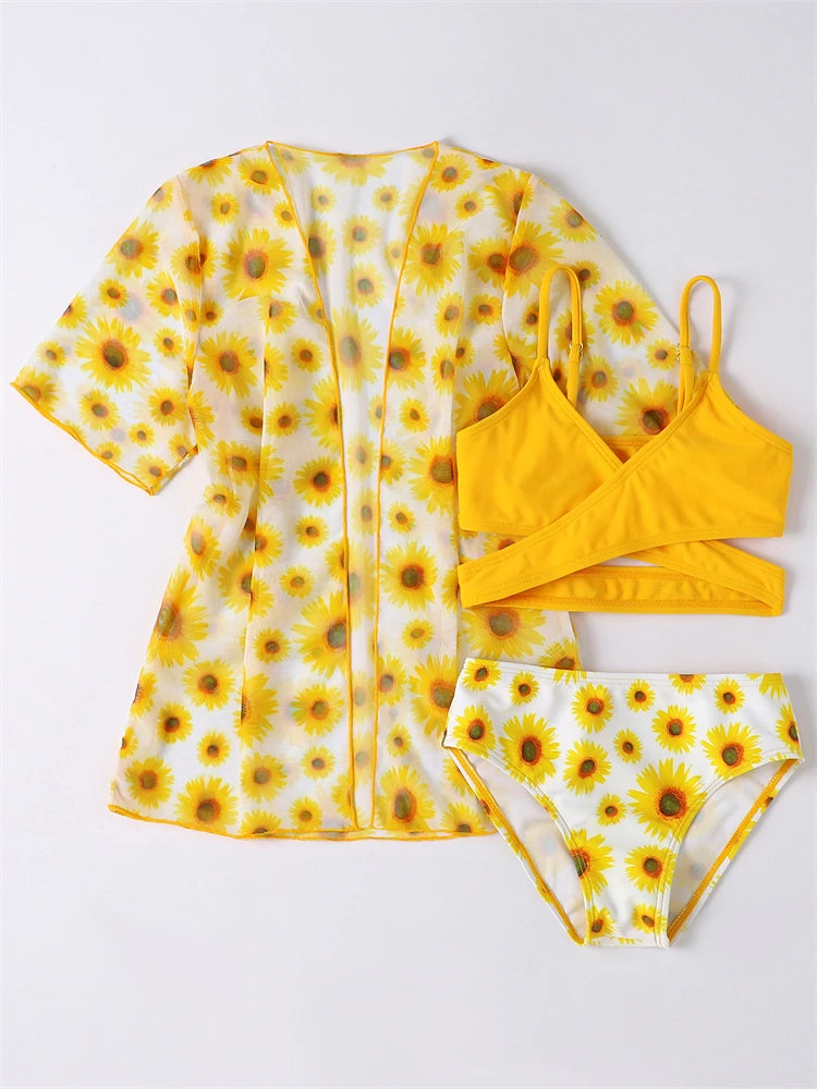 Bikini Girls Swimsuit 2025 New Sun Flower Sling Children Bikinis Set High Waist Swimwear Kids Beach Wear Swimming Bathing Suit