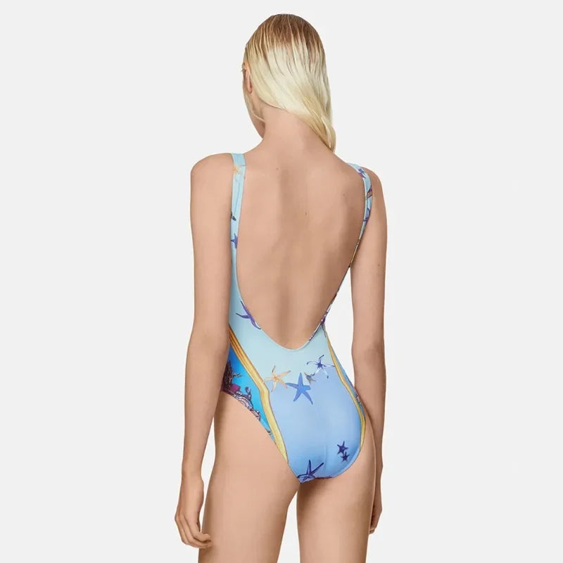 Luxury Design Women's One-piece Swimsuits Coral Flower Print Backless Camisole Swimwear Fashion Brand Women's Bikini Beachwear
