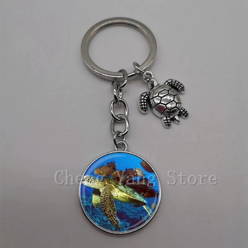 Marine life jewelry turtle dolphin shell keychain key ring glass convex round keychain charm turtle pendant Christmas gift