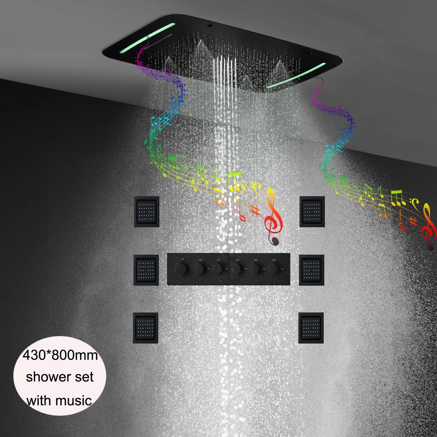 Bathroom Accessories Ceiling Black Shower Set LED Rain Showerheads System 5functions Thermostatic Valve Faucets Massage Body Jet