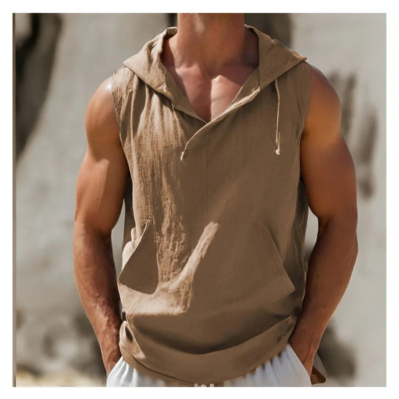 Summer Cotton and Linen Men's Sleeveless Tee Vintage Casual Men's Sleeveless Shirt Sport Sleeveless T-shirt Top Men's Tank Top