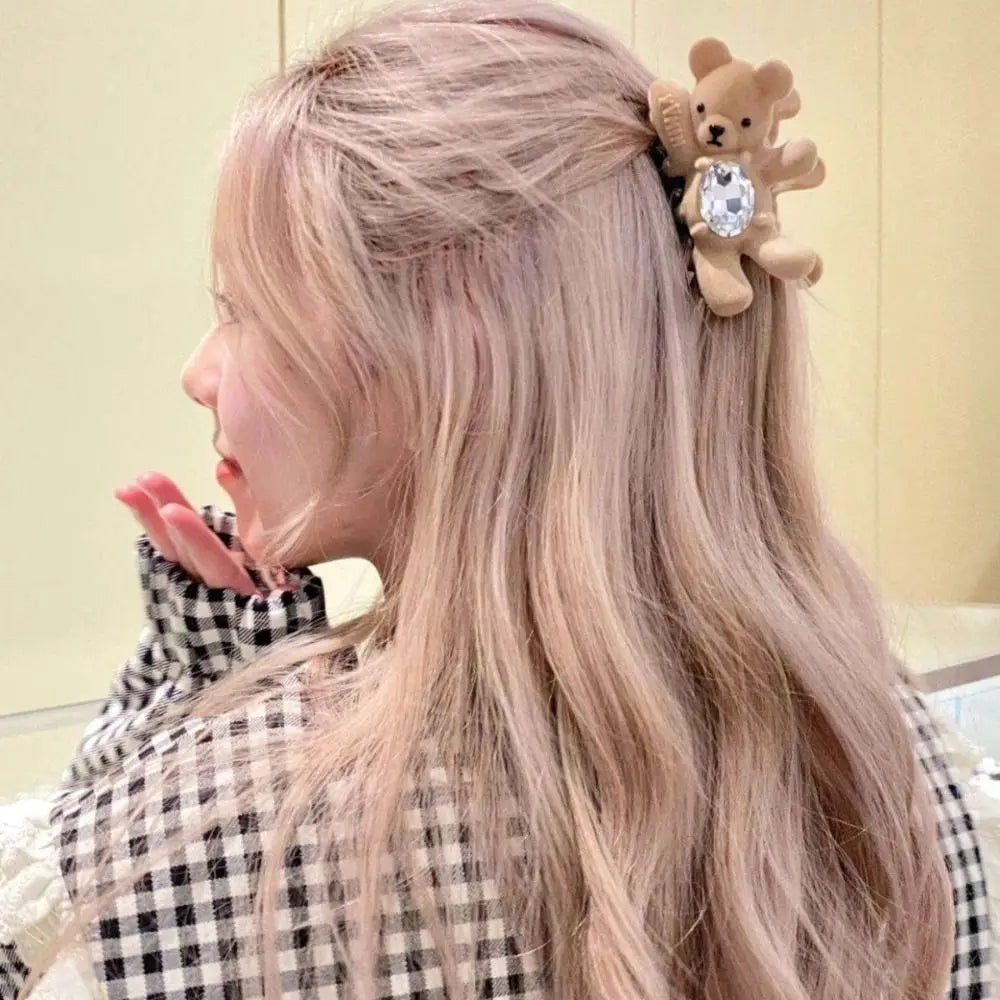 Creative Flocking Cute Bear Hair Claw Hair Clip Shark Clip Shark Grab Clip Rhinestone Headwear Back Head Hair Clip Travel