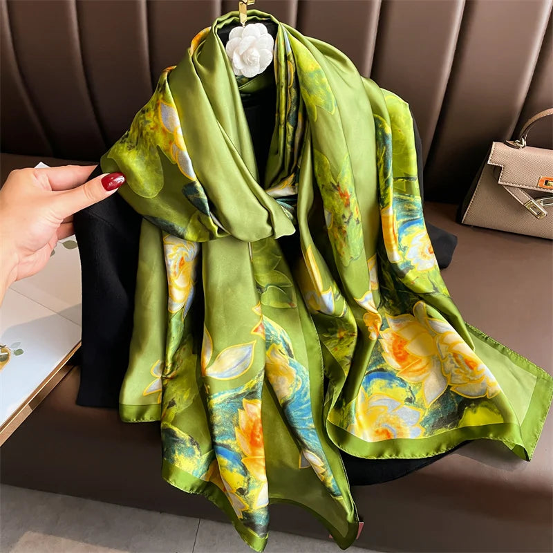 New 2025 180*88cm classic Silk Scarf Women Foulard Office lady Large Fashion Print Beach Hijab Shawl Warp Bandanna Muffler