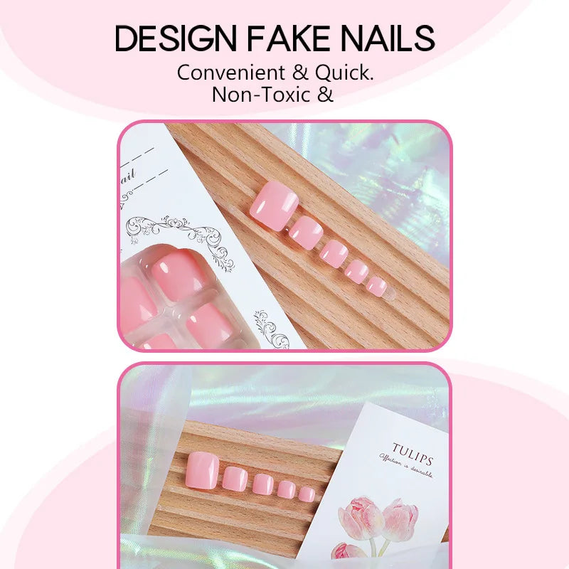 24pcs Pink Press on Toenails Ins Simple Solid Color Fake Toenail Patch Full Cover Wearable DIY Manicure Set False Toe Nails