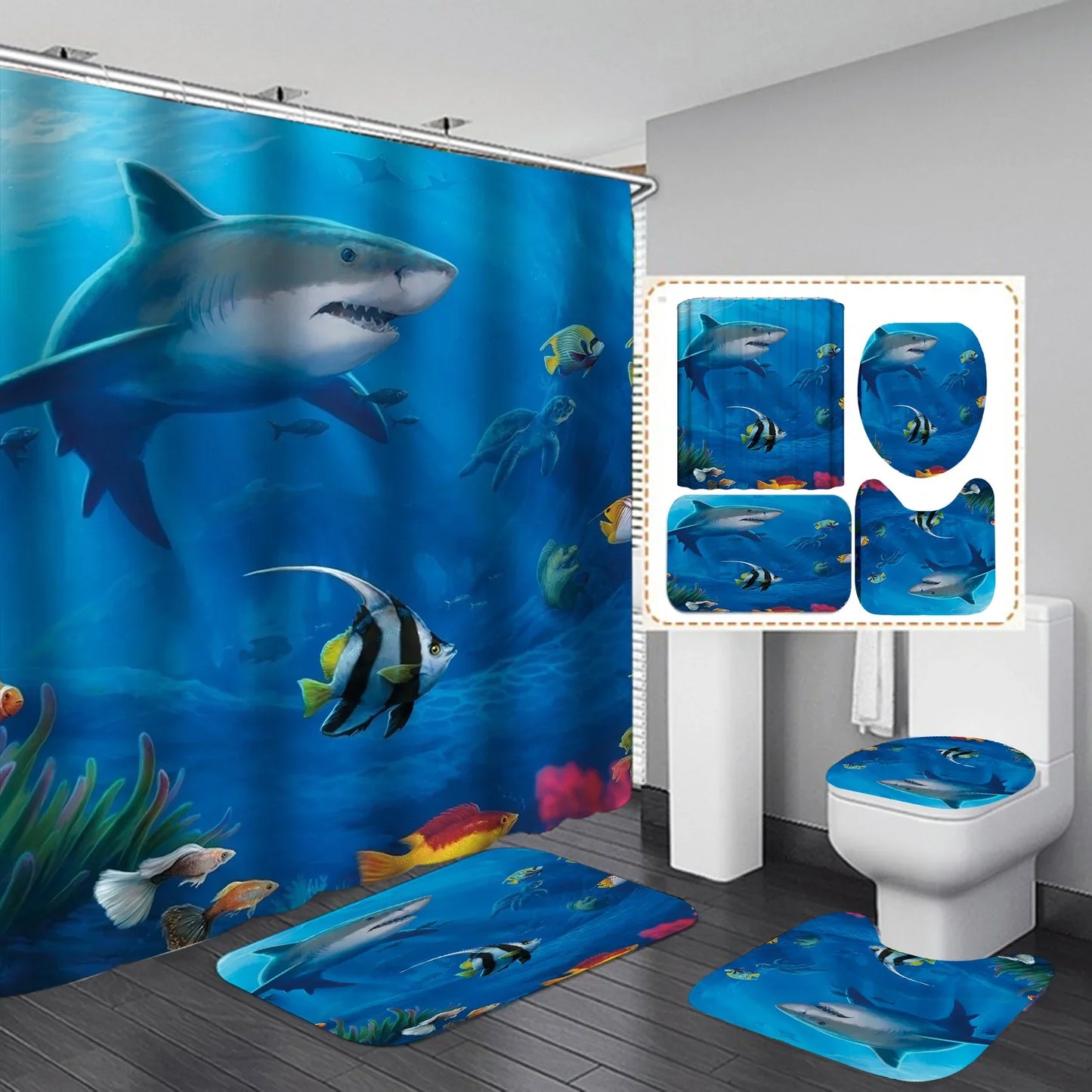 3D Ocean Design Dolphin Waterproof Fabric Bathroom Curtain Blue Shower Curtains Set Anti-skid Rugs Toilet Lid Cover Bath Mat