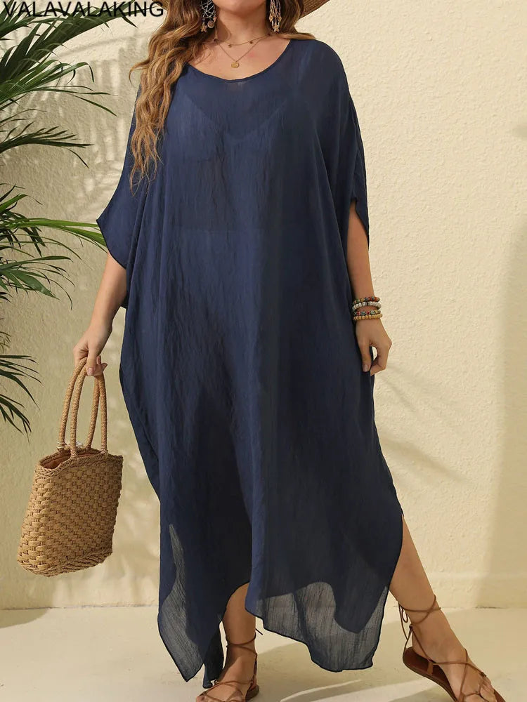2025 Women Short Sleeve Plus Size Cove Up Solid Large Big Tunic Lady Chubby Beach Long Dress Brazilian Curvy Swimsuit Cover-Ups