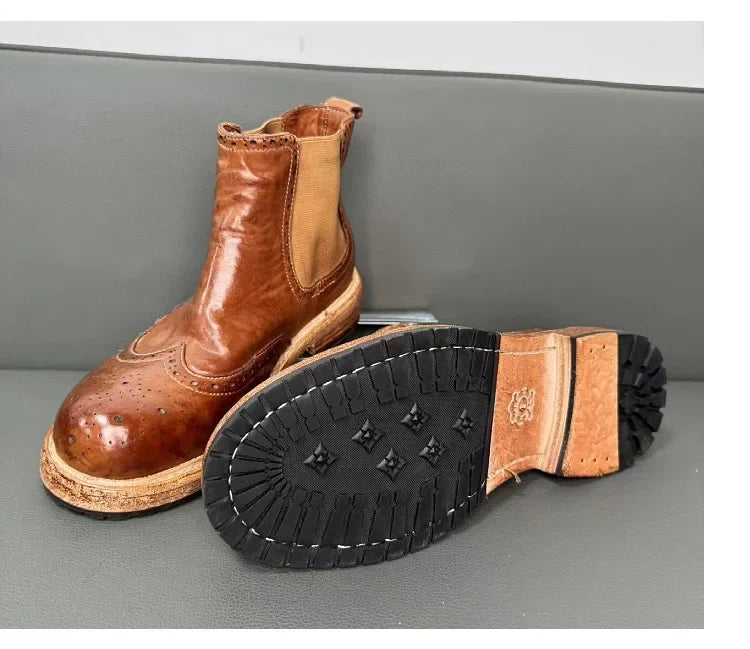 Goodyear-welding New Horse Leather Men's Chelsea Boots with Elastic Sleeves Wearing Block Carved Shoes Men's Leather Shoes