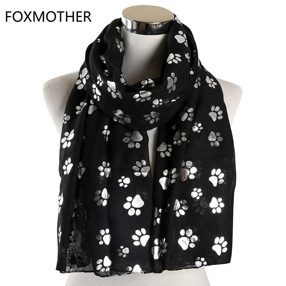FOXMOTHER New Fashion Foil Sliver White Pink Black Cat Dog Paw Scarf For Pet Dog Lover Mother Gifts Women Scarves