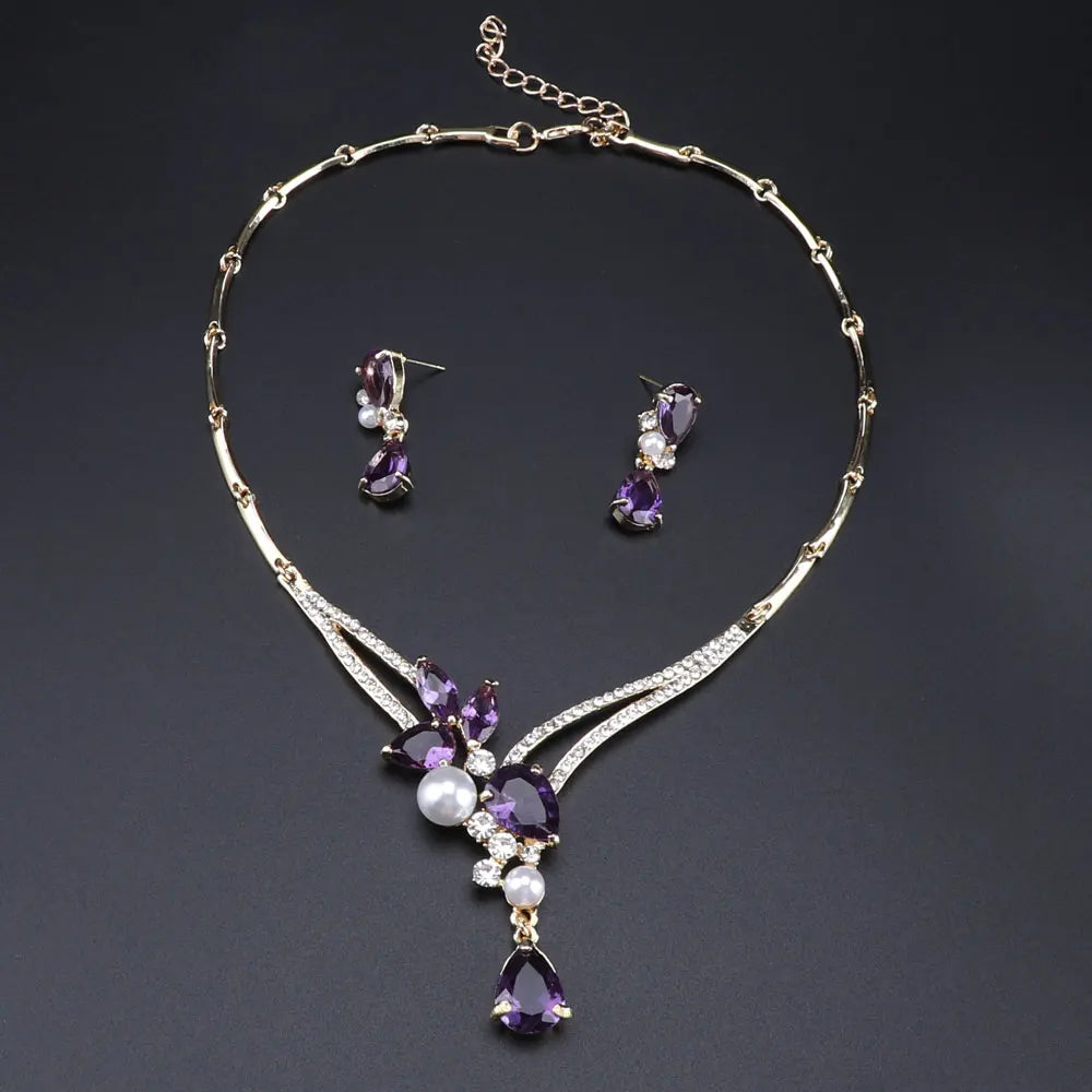 Luxury Dubai Jewelry Sets Purple Crystal Necklace Earrings Set for Women Bridal Jewelry set Accessories Gifts