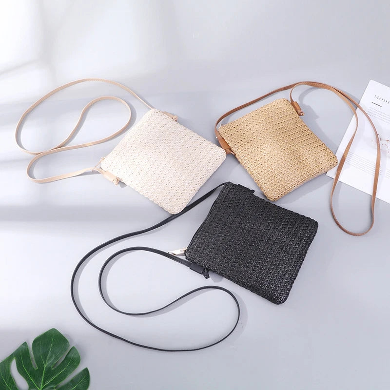 Straw Plait Small Square Bags One Shoulder Slanted Cross Bag Handbag Coin Purses Casual Holiday Beach Bag
