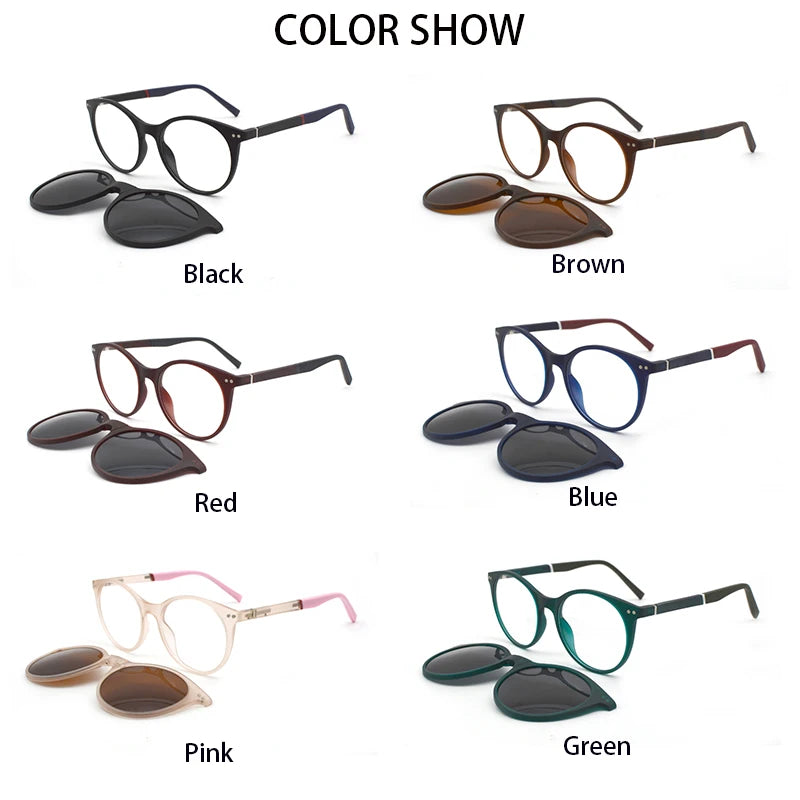 KANDREA 2 IN 1Vintage Round Magnetic Sunglasses Women Fashon Glasses Frame Men Optical Myopia Prescription Eyewear C8012