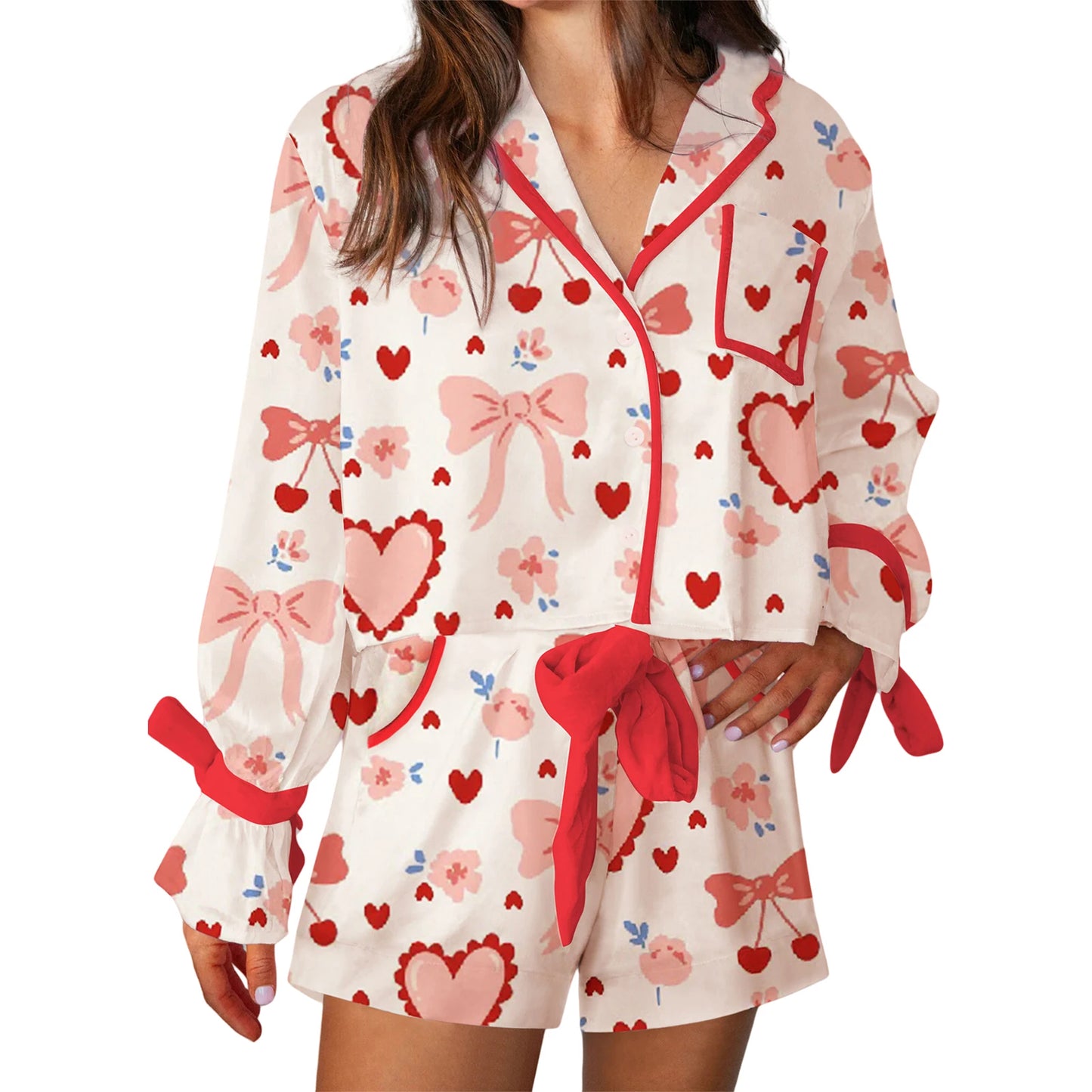 Women s Valentine s Day Lounge Set Long Sleeve Heart Print Shirt Drawstring Shorts Sleepwear