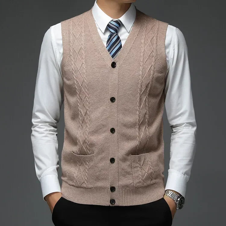 Men's Business Casual Pullover Wear Warm Sleeveless  Velvet Knitted Sweater Vest Tops