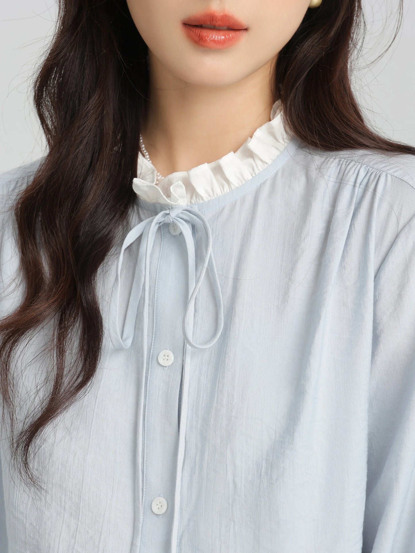 Spring Women Blue Ruffle Trim Long Sleeve Shirt French Vintage Style Loose Fit Blouse Elegant and Chic Top for Petite Frames clothes