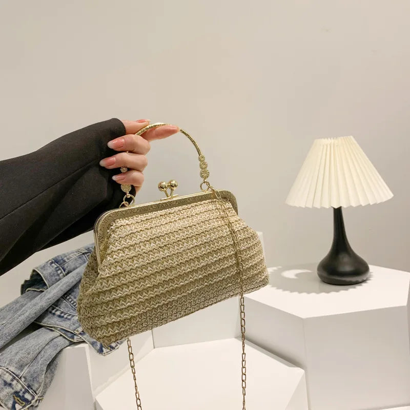 Summer Beach Straw Bags Exquisite Gold Chains Party Banquet Purse Hand Woven Handbag Female Clutch Purses Shoulder Crossbody Bag