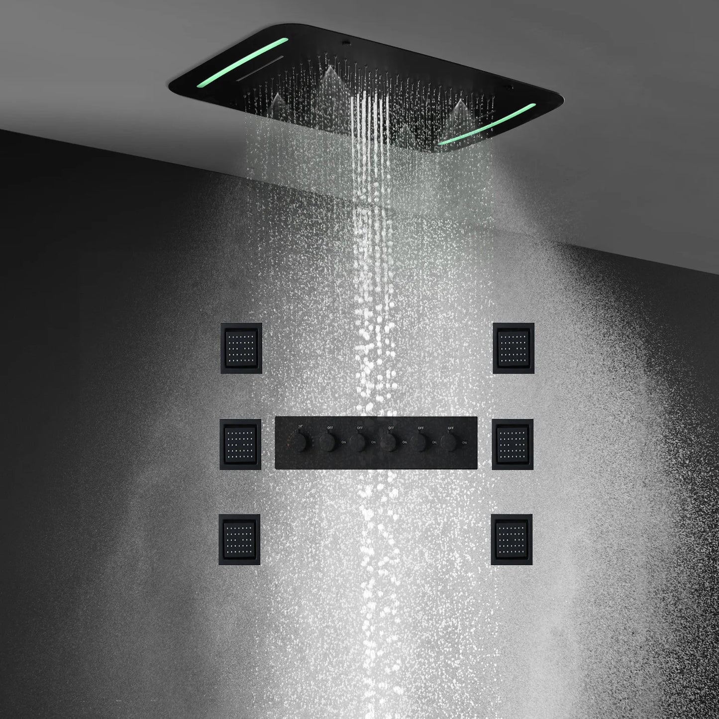 Bathroom Accessories Ceiling Black Shower Set LED Rain Showerheads System 5functions Thermostatic Valve Faucets Massage Body Jet