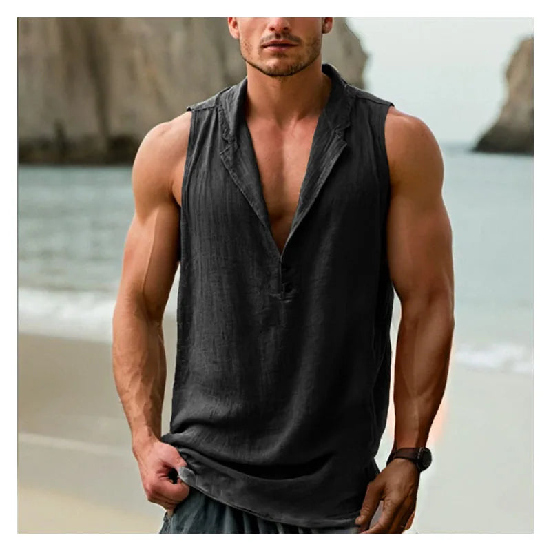 Summer Cotton and Linen Men's Sleeveless Tee Vintage Casual Men's Sleeveless Shirt Sport Sleeveless T-shirt Top Men's Tank Top