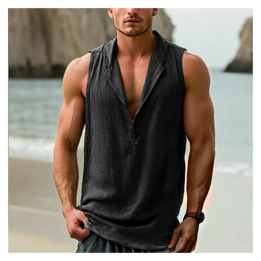 Summer Cotton and Linen Men's Sleeveless Tee Vintage Casual Men's Sleeveless Shirt Sport Sleeveless T-shirt Top Men's Tank Top