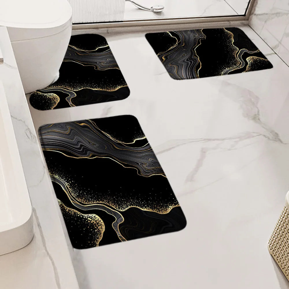 Badematten-Set mit abstraktem grauem Marmor und goldenem Strukturmuster, moderner Bodenteppich für das Badezimmer, dekorative rutschfeste Teppiche in U-Form 