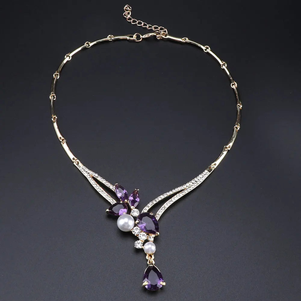 Luxury Dubai Jewelry Sets Purple Crystal Necklace Earrings Set for Women Bridal Jewelry set Accessories Gifts